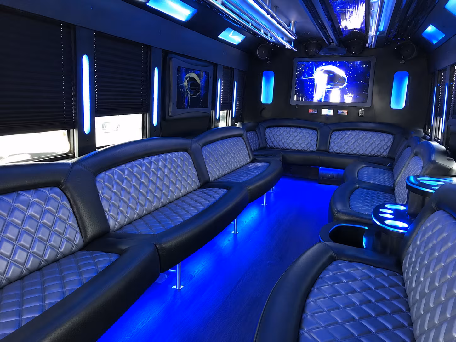 Interior of a party bus rental serving New York
